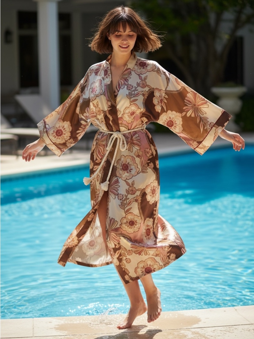 Oscar de la Renta Vintage Satin Floral Robe Brown & Pink Size S/M